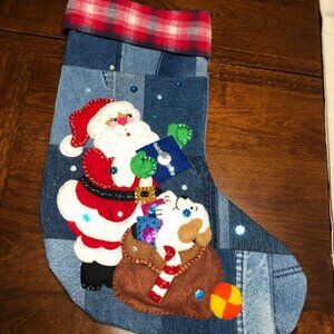 Denim Christmas Stocking Santa with sack of gifts cute-hand made